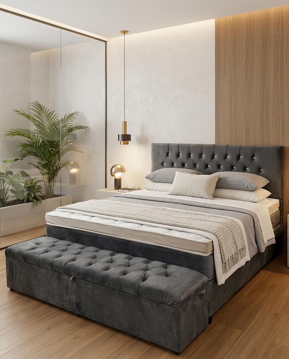 kingsize com pillow top - cinza render 3d suite com recamier