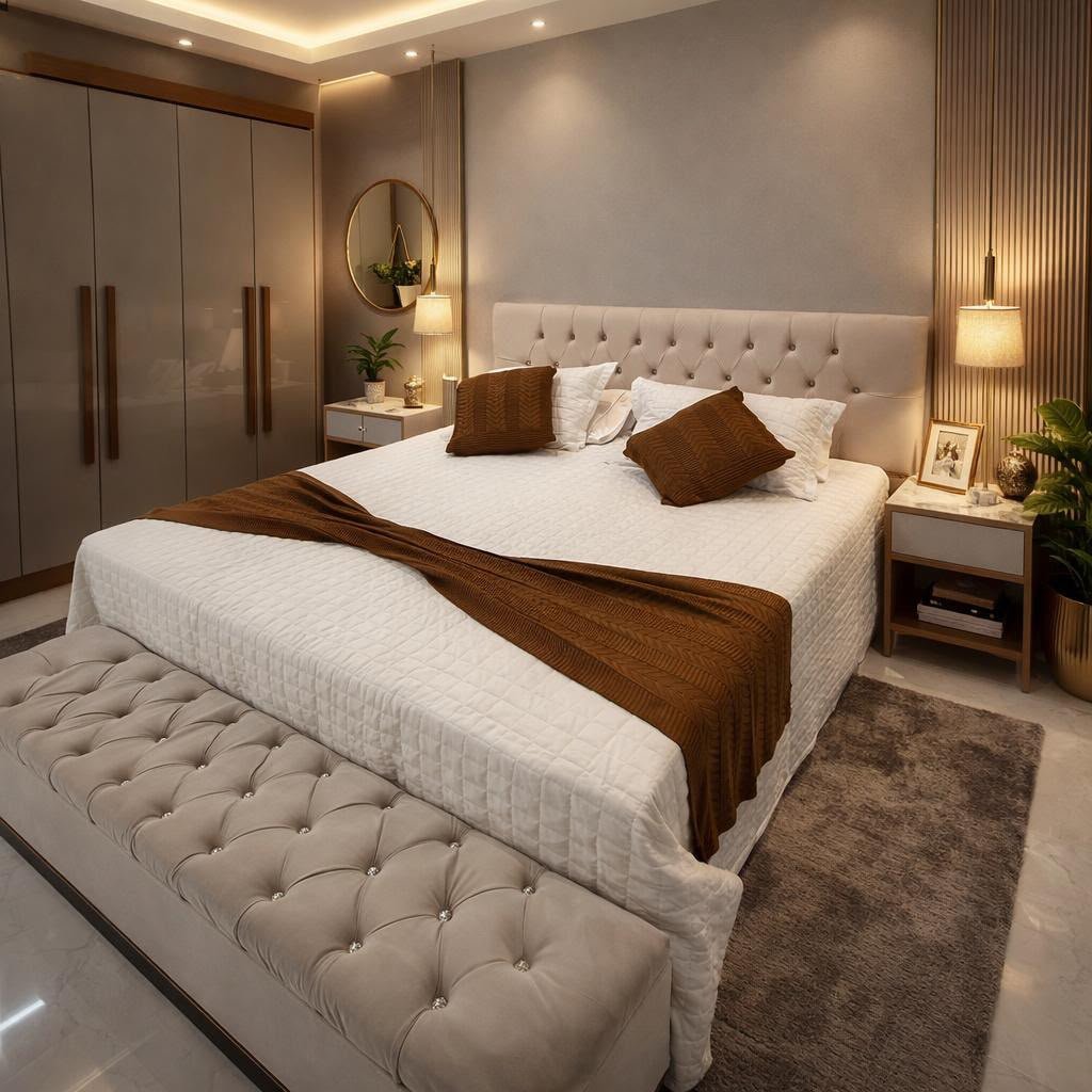 kingsize sem pillow top - bege render 3d cama posta com recamier